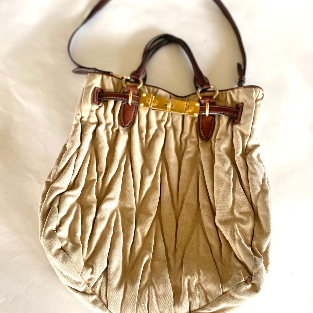 VTG Miu Miu Beige Large Tote Gold Hardware w/ Leather Handles Exc Condition